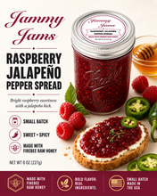 Load image into Gallery viewer, Jammy Jams Raspberry Jalapeño Pepper Spread with Firebee Raw Honey