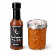 Load image into Gallery viewer, Firebee Cinnamon Honey &amp; Peach &amp; Three Pepper Jam Pair