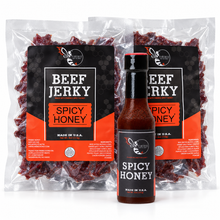 Load image into Gallery viewer, Firebee Double Jerky Pack: 2 Spicy Honey Beef Jerky bags and a Spicy Honey 5oz bottle