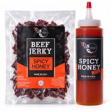 Load image into Gallery viewer, Firebee Sweet Heat Duo: Spicy Honey Beef Jerky and a Spicy Honey 12.9oz squeeze bottle