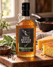 Load image into Gallery viewer, Firebee Sage Advice Honey 19oz glass bottle on a farmhouse table
