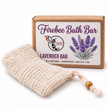 Load image into Gallery viewer, Firebee Bath Bar + Sisal Soap Saver Set — Lavender bar with sisal bag