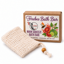 Load image into Gallery viewer, Firebee Bath Bar + Sisal Soap Saver Set — Main Squeeze (Blood Orange Bergamot) bar with sisal bag
